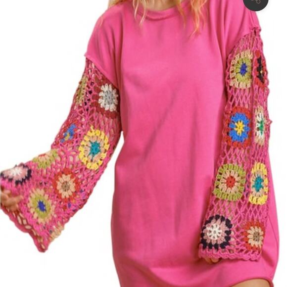 Umgee Dresses & Skirts - Umgee Pink Dress with Colorful Crochet Sleeves Terry Cloth Dress